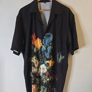 Men's Black Floral Short-Sleeve Shirt - Casual Button-Up